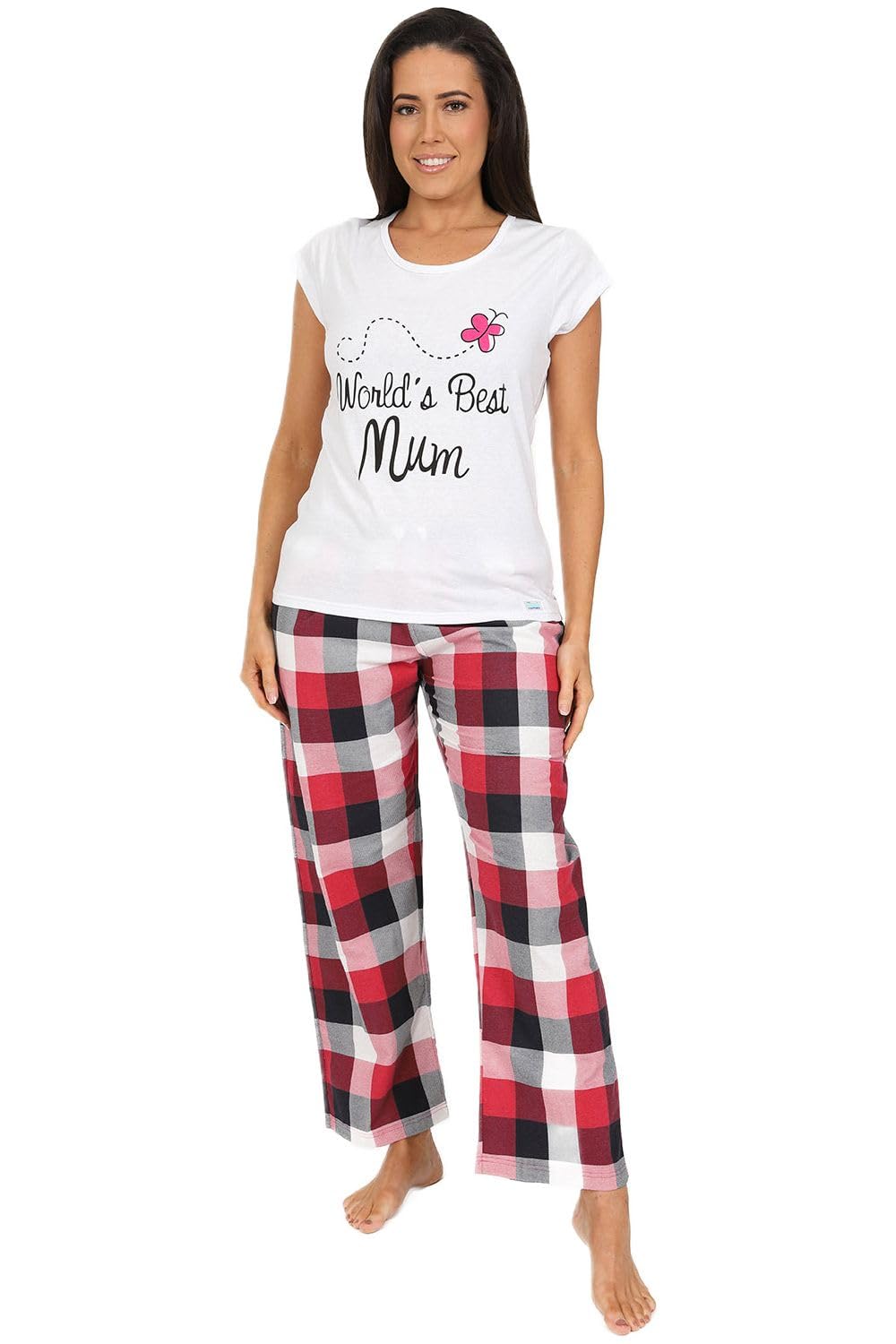ThePyjamaFactory Ladies Pyjamas World's Best Mum Long Woven Checked Pjs - Ideal Mother's Day, 16-18, White