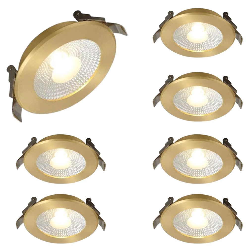 JKJZSALJ 7Pack Brass Canless Led Cob Recessed Retrofit Wafer Light 7W Gold Round Ceiling Panel Light 4000K Neutral Light,Adjustable Gimbal Retrofit Spotlight