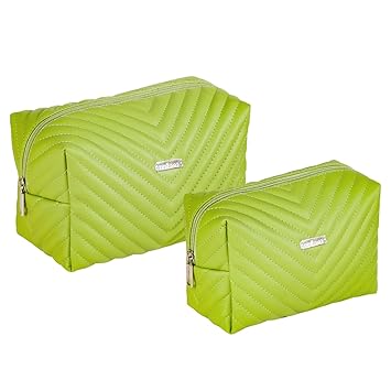 Nestasia Quilted Leather Multipurpose Makeup Bag - Set of 2 Cosmetic Pouches for Women - Perfect for Storage, Travel & Makeup (Green)