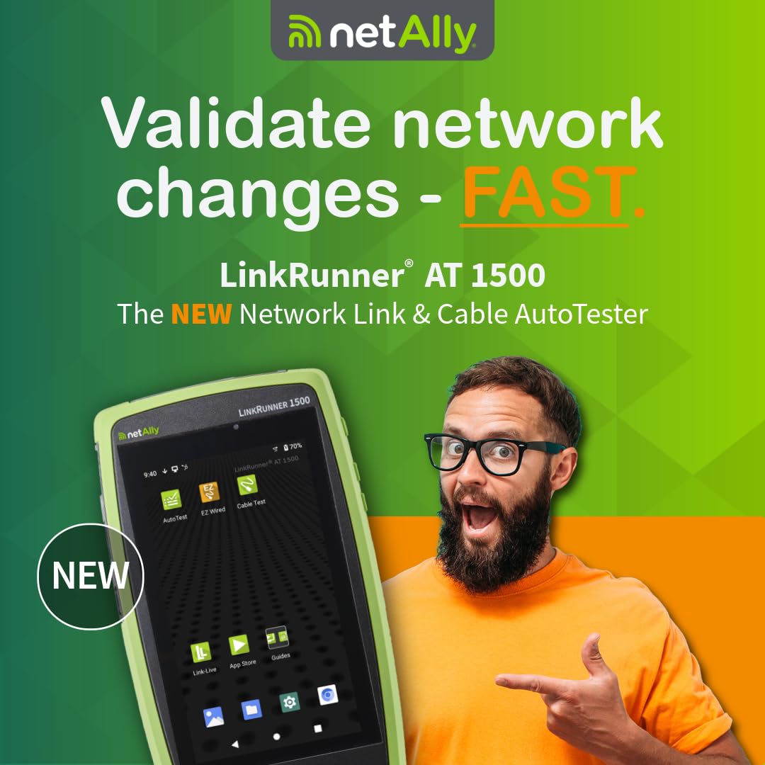 NetAlly LinkRunner AT 1500 Essential tester sieci i kabli | szybki 8-stopniowy autotest, PoE + ładowanie, ping, Switch, VLAN, DHCP, DNS, Gateway | Niezawodne, standardowe wyniki codziennej weryfikacji