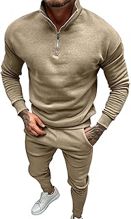 YHEGHT Moda masculina outono inverno cor sólida conjunto de duas peças casual manga longa acolchoado masculino manga longa corrida esportes, Cáqui, XG