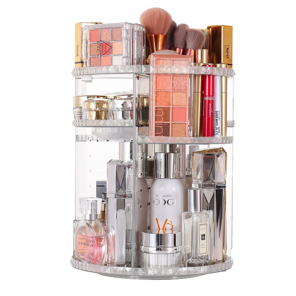 YUEHUA 360 Degree Rotating Makeup Organizer Adjustable Cosmetic Storage Makeup Spinning Holder Storage Rack, Cosmetics Organizer for Countertop Vanity Bathroom Bedroom