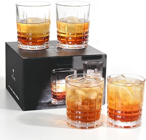 Old Fashioned - Juego de 4 vasos de whisky de 11 onzas, vasos de roca para cócteles, bebidas escocés, Lowball para beber bar, cristalería, vaso
