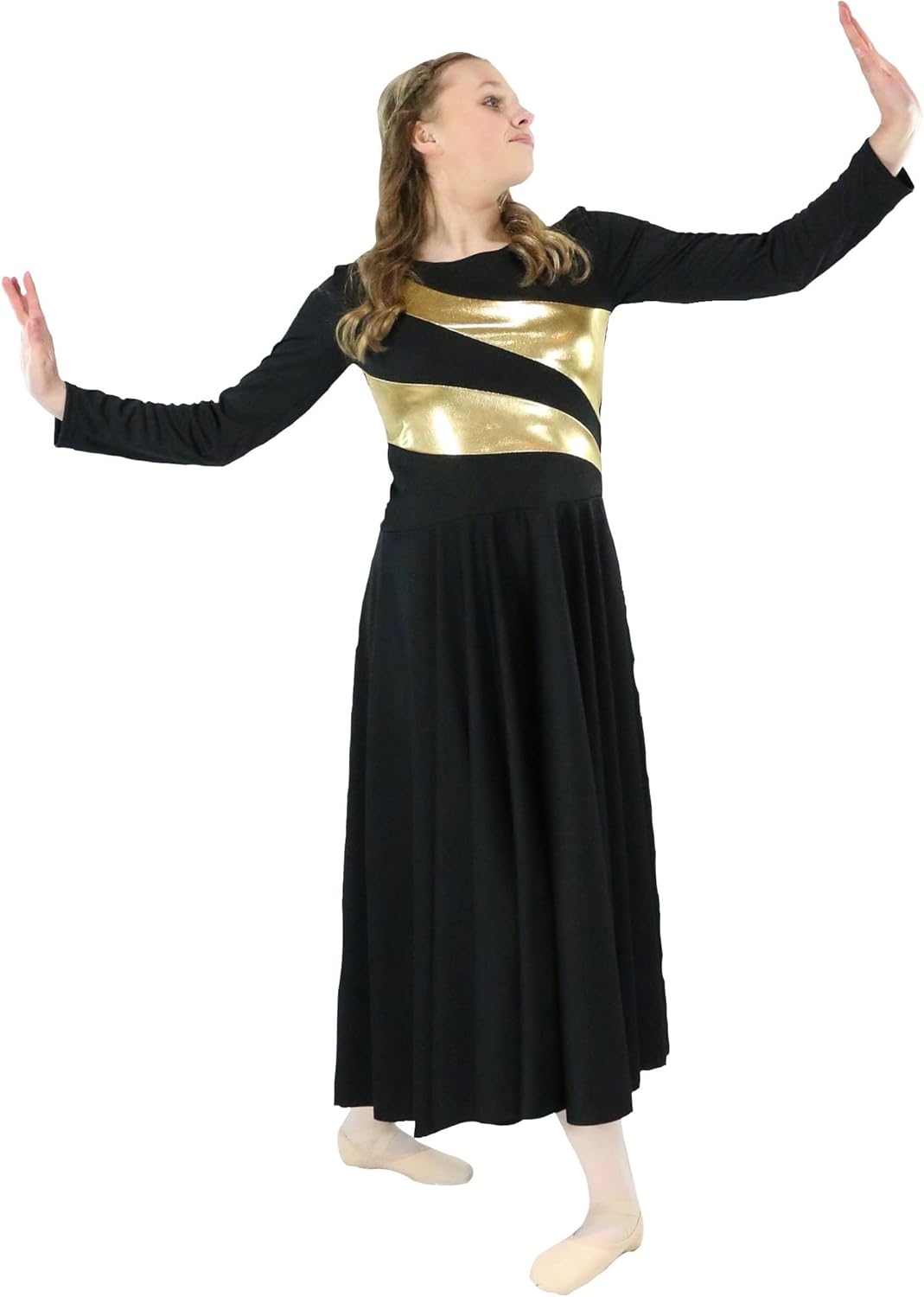 Danzcue Girls Metallic Worship Dance Dress, Metallic Bicolor Full Length Praise Dance Dress - Image 3
