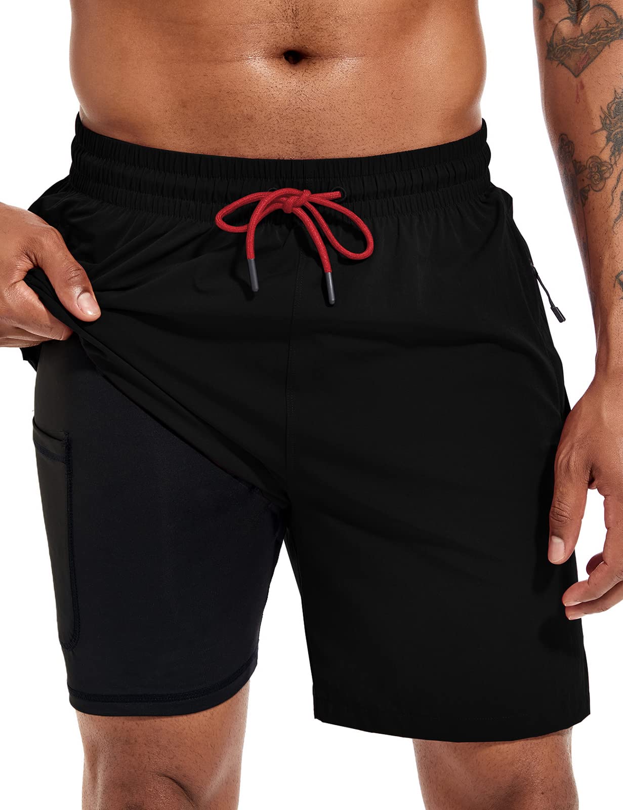 Costume da bagno da uomo, lungo, 2 in 1, con compressione, ad asciugatura rapida, traspirante, con chiusura lampo, coulisse regolabile