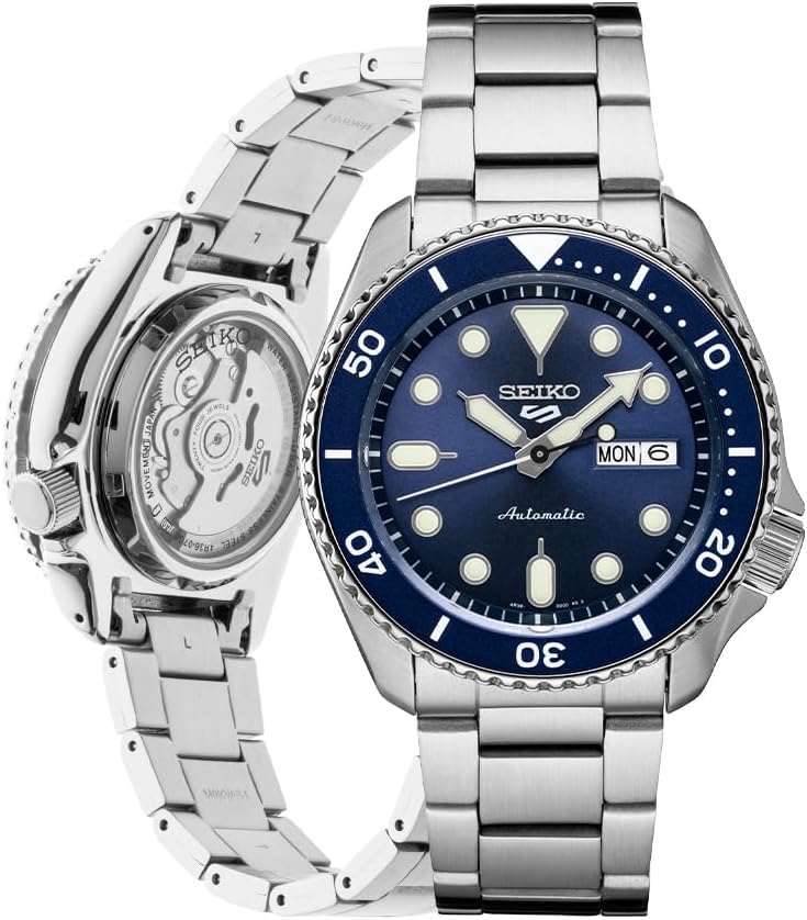 SEIKO Automatic Watch for Men - 5 Sports - Day/Date Calendar, LumiBrite Hands and Markers, and Rotating Bezel, 100m Water-Resistant, Blue - SRPD51, Formal