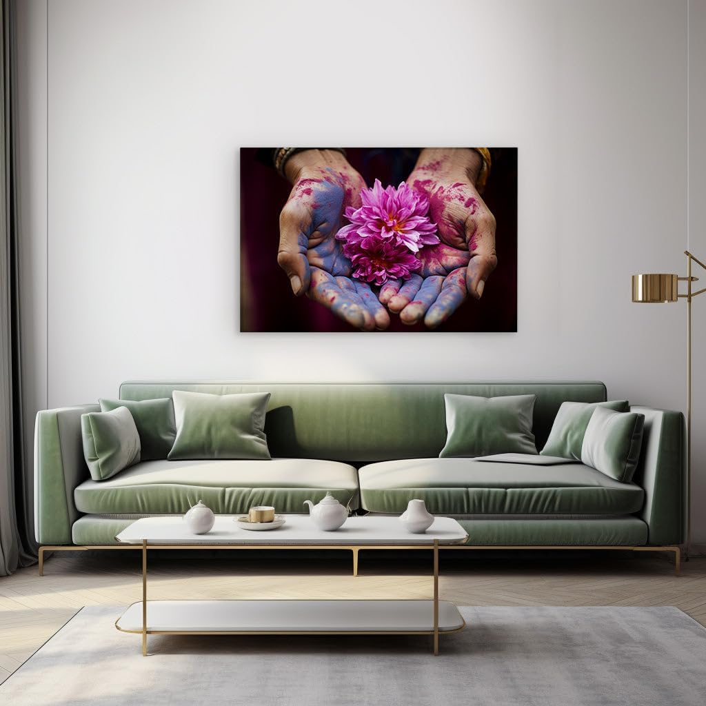 Canvas for Living room. Embrace of Colors: An Elderly Woman's Celebration with a Pink Blossom at Holi, 27 x 18 inch Canvas Wall Art - Abstract Expressionist - Zen Wall Decor - 69x46 cm (27x18 inch)
