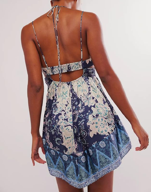Image of Women Boho Floral Mini Cami Dress Spaghetti Strap Flowy Sling Dress Graphic Backless Summer Holiday Sundress