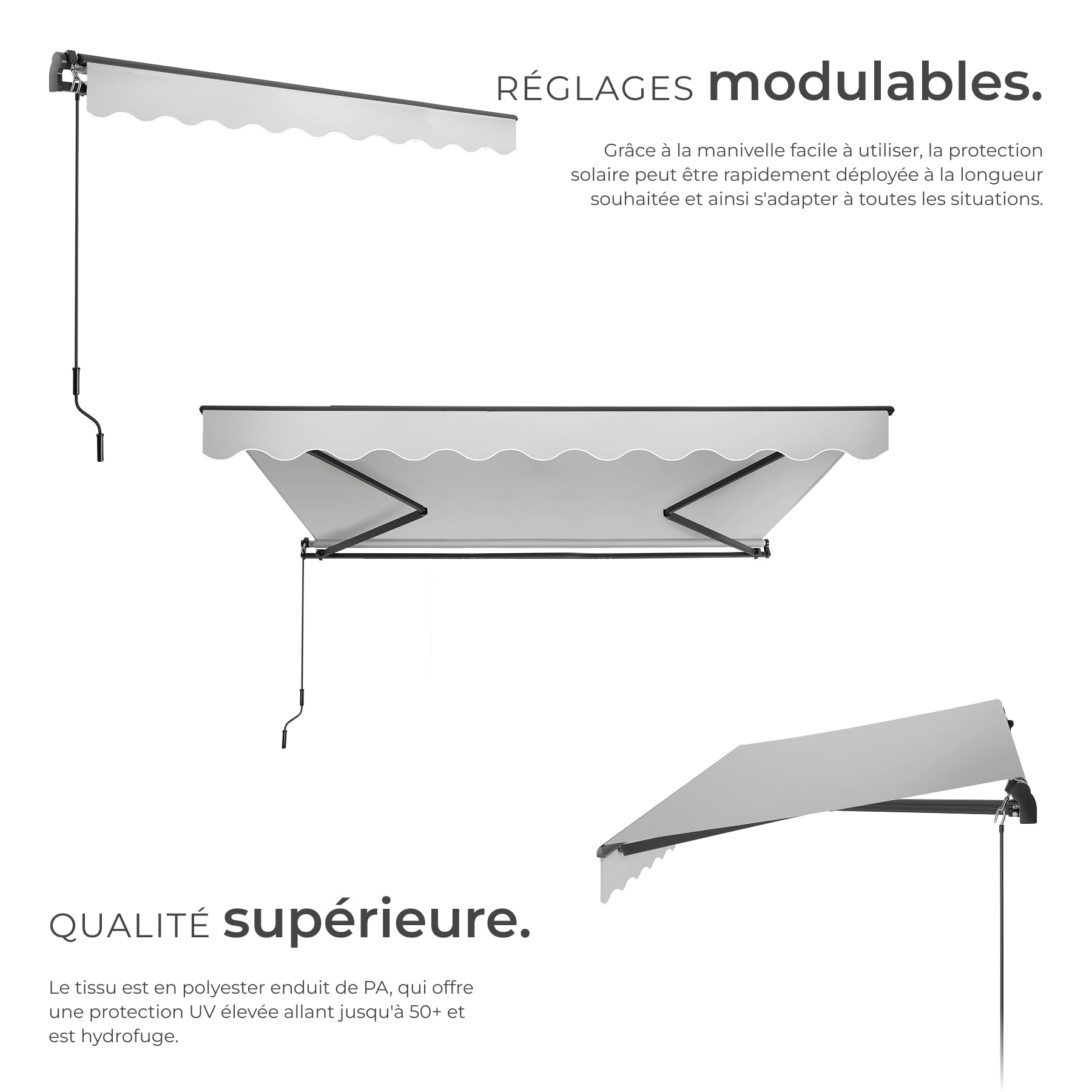 tectake® Store banne Manuel Marquise avec Manivelle Auvent de terrasse Pare Soleil Multi-Fonction Store Exterieur terrasse Enroulable Brise Soleil en Aluminium laqué époxy - Gris Clair, 300 x 250 cm