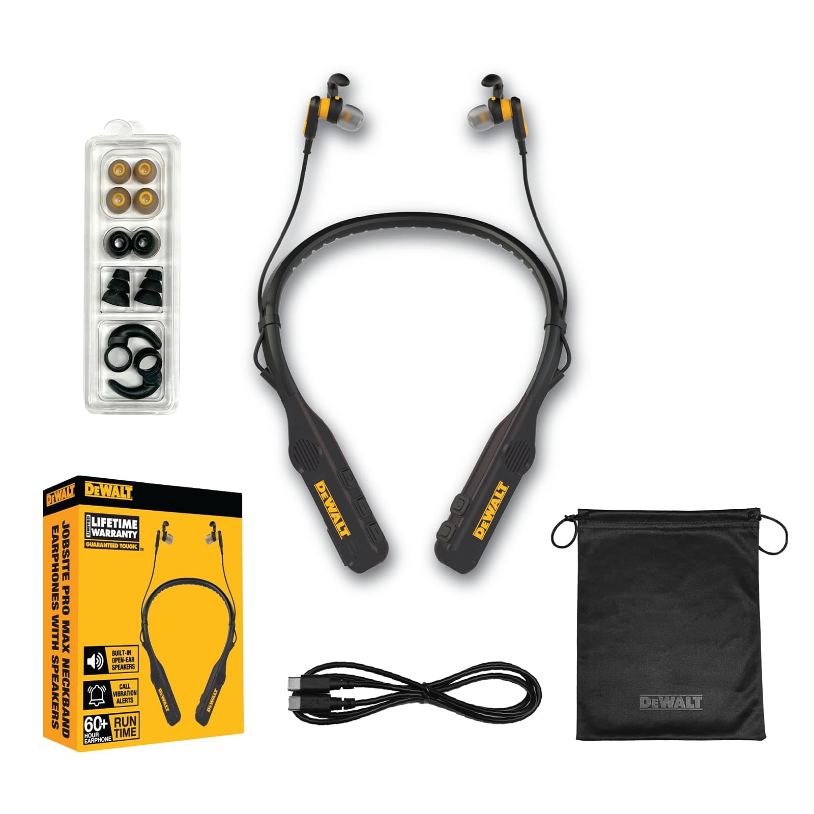 DEWALT Casque Tour de Cou Bluetooth Robuste 2 en 1 avec Haut-parleurs intégrés, Haut-Parleur Portable de Chantier et Casque Tour de Cou, Casque Bluetooth sans Fil, autonomie de Plus de 60 h, Noir