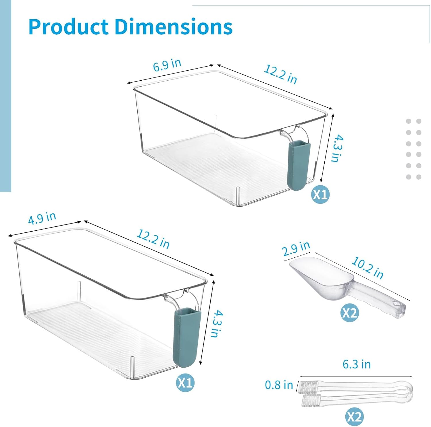 Ice Container for Drink Party, 2 Pcs Clear Plastic Ice Bin with Scoop and Tong, Ice Bucket with Pull-Out Handle for Freezer, 2 Sizes