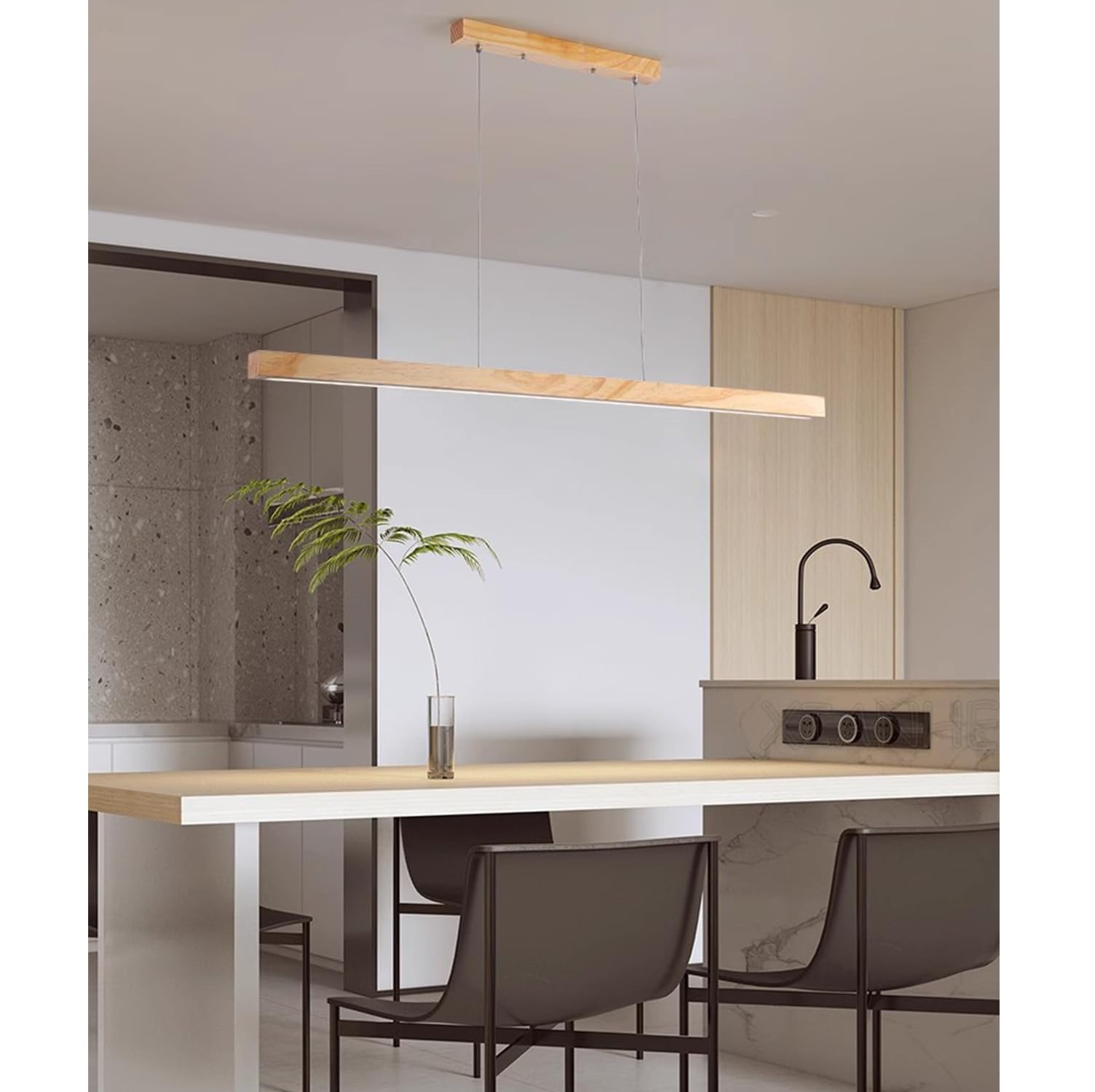 Mesa de Comedor LED Madera Lámpara Colgante Regulable con Control Remoto Luz de techo Cocina Isla Sala de Estar Oficina Lampara Colgantes Moderna Lineales Altura ajustable (Holz, L150cm)