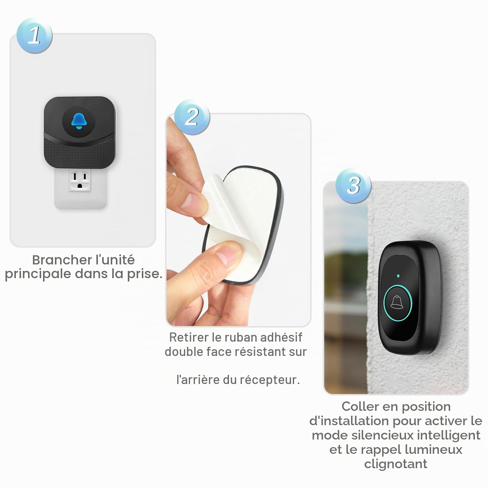 VFANDV Sonnette Sans Fil, IP55 Bouton de Sonnette 400M Longue Portée Exterieur Étanche Electronique avec 2 Récepteurs 55 Mélodies Kit de Carillon Electronique LED Bleu