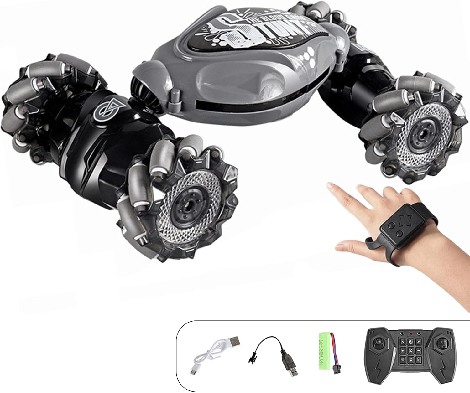 Auto de acrobacias con detección de gestos 2023 con luz y música, 2 modos RC, 2.4 GHz, doble cara, 360 rotatorios de juguete, funciona con pilas,