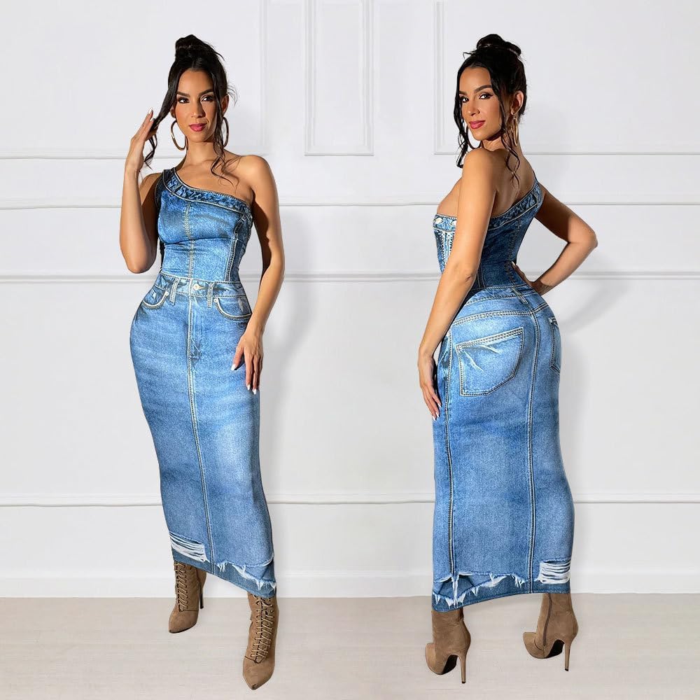 Women's Casual Dress One Shoulder Denim Print Bodycon Midi Dress Backless Split Hem Summer for Party Night Out & Date Night (Blue M)