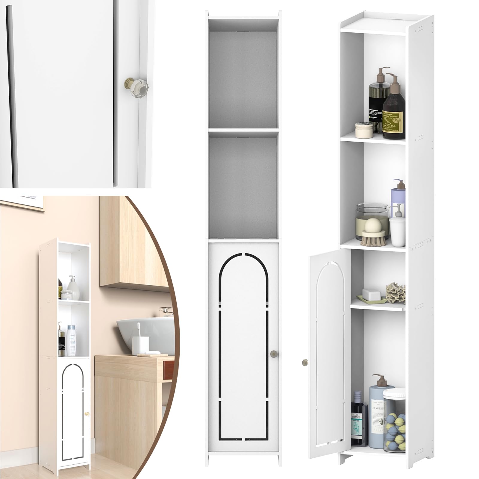 Tall Cupboards with Open Shelves & Arched Door, White Narrow Bathroom Storage Cabinet, Slim Floor Standing Display Cabinet, Home Office Storage Furniture Organiser Unit for Living Room Bedroom Kitchen