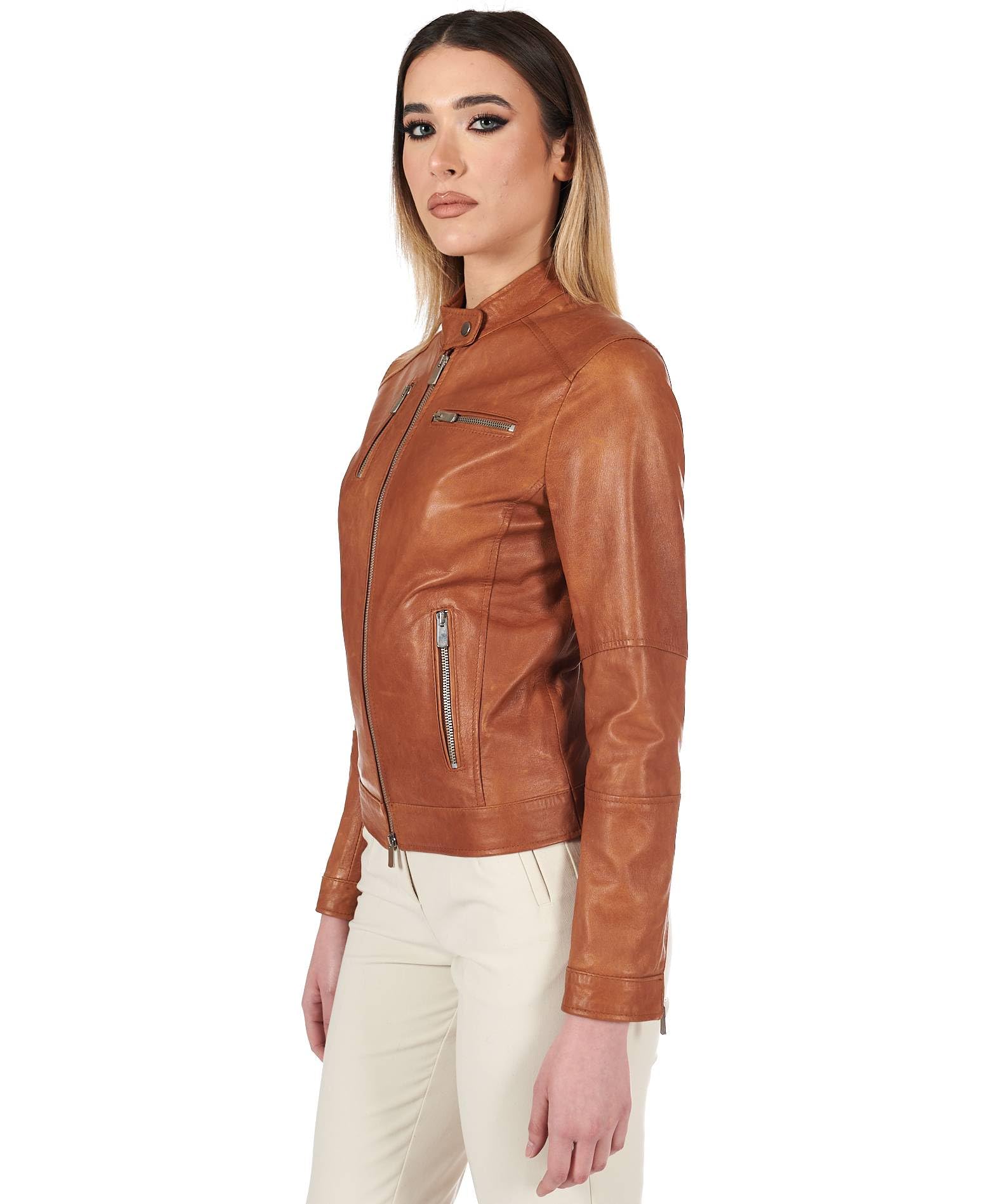 D'Arienzo Giacca Pelle Donna Cuoio Vinatge Biker Vera Pelle Made in Italy Giulia