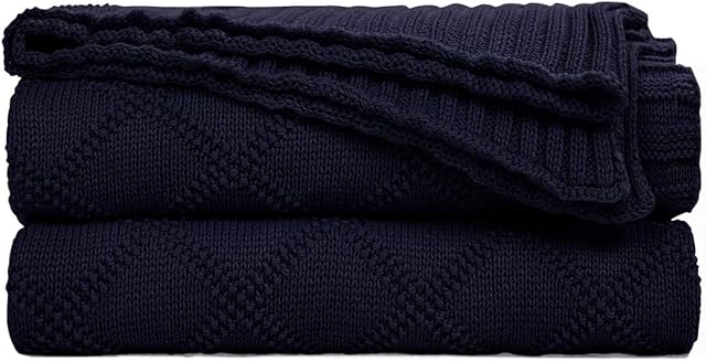 PiccoCasa 100% Cotton Knit Throw Blanket, 50x60 Inch - Soft Lightweight Decorative Knitted Blankets for Couch, Bed, Sofa, Travel - Diamond Pattern, Navy Blue