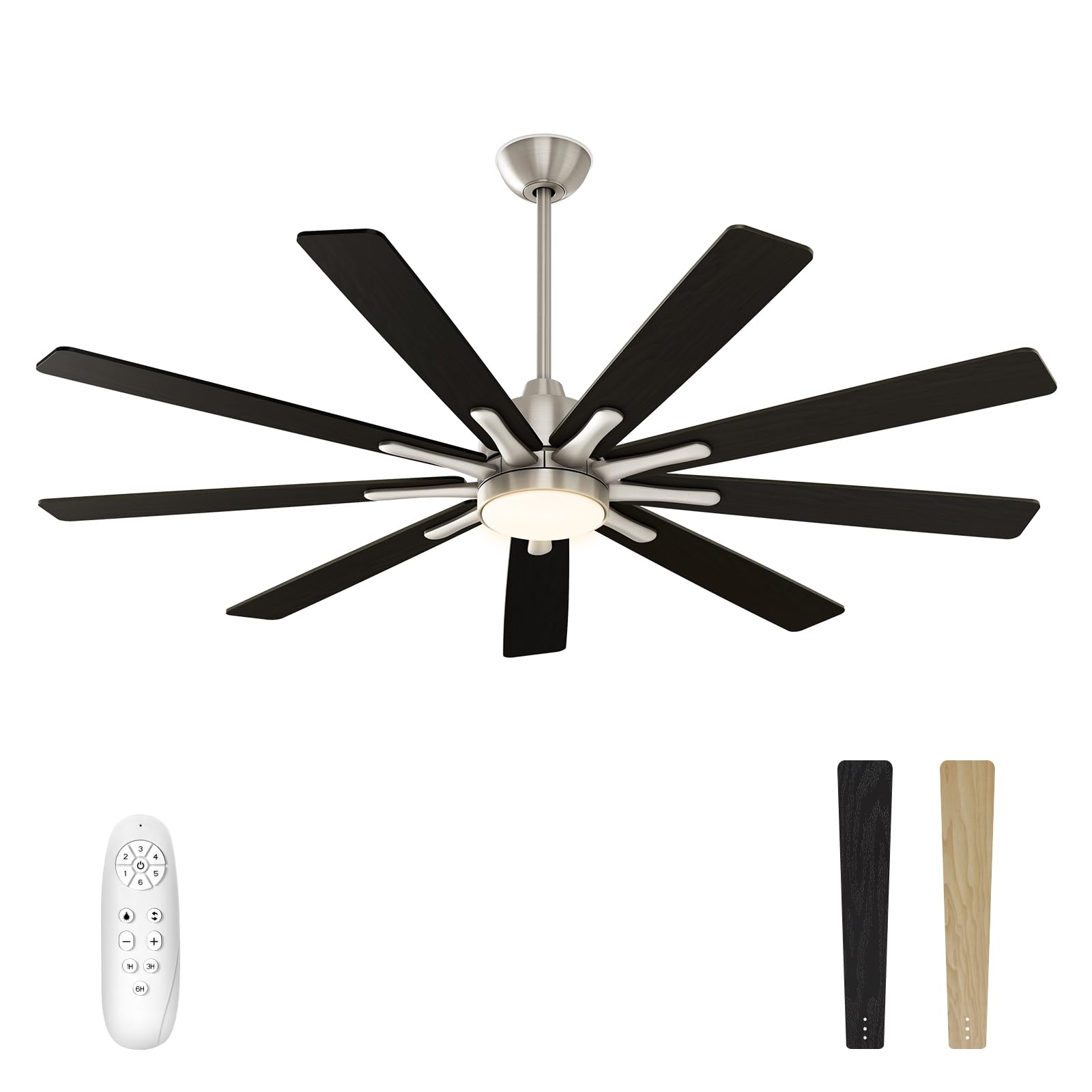 warmiplanetCeiling Fans with Lights and Remote Control, 62-Inch, Reversible Silent DC Motor, 6 Speeds, 3 Color Dimmable LED Light, Timer, Nickel, 9-Blades