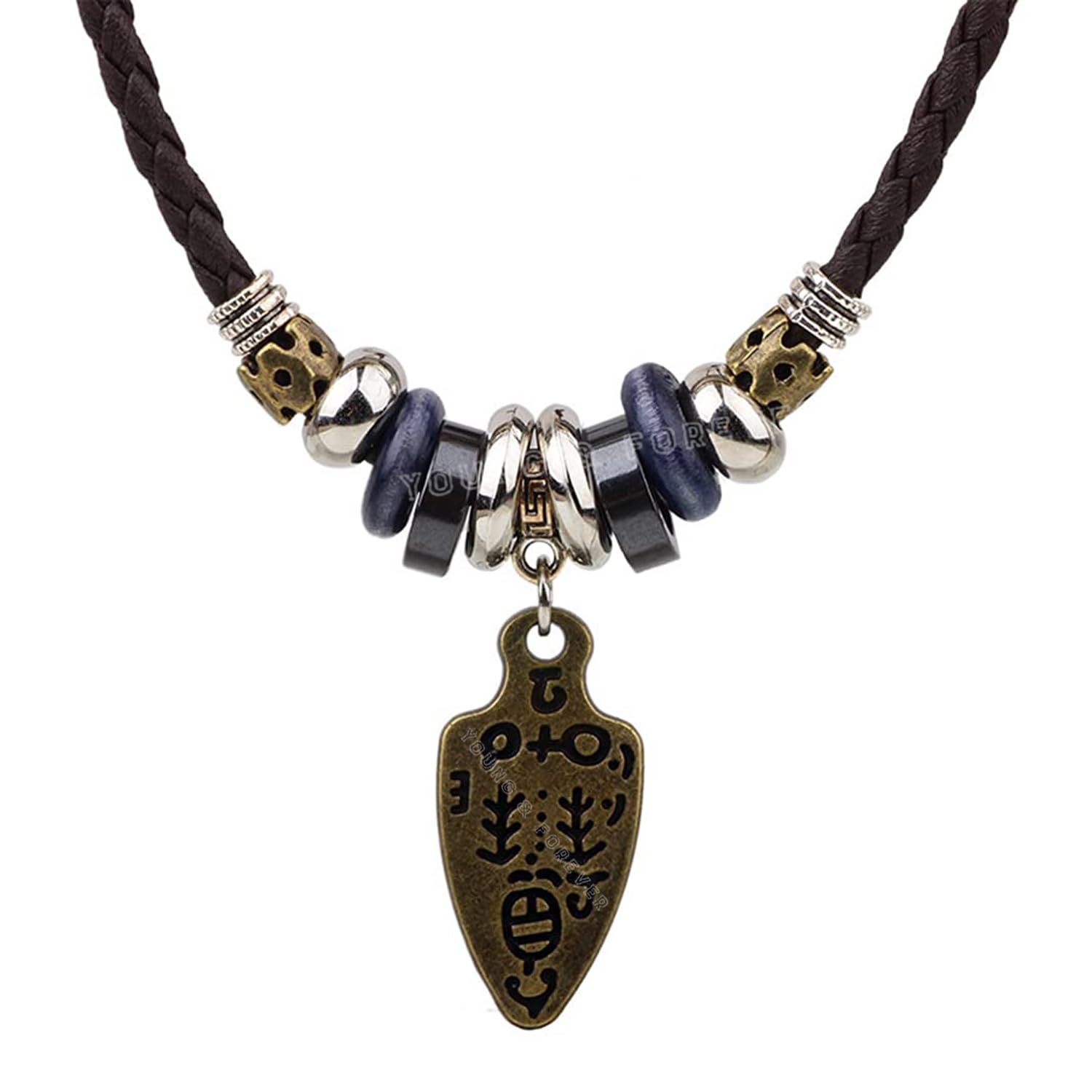 Men Women Leather Necklace Vintage Tribal Style Boho Hipppie Black Braided Beaded Necklace with Charm Pendant for Daily Use-image-15