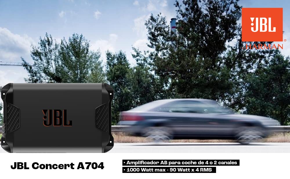 JBL Concert 704 Amplificador 4 Canales con 100W RMS×4 a 2Ω, 70W RMS×4 a 4Ω y 200W RMS×2 en puente, 1000W Pico, filtros 32–320Hz, entradas alto/bajo nivel y diseño compacto para sistemas de audio