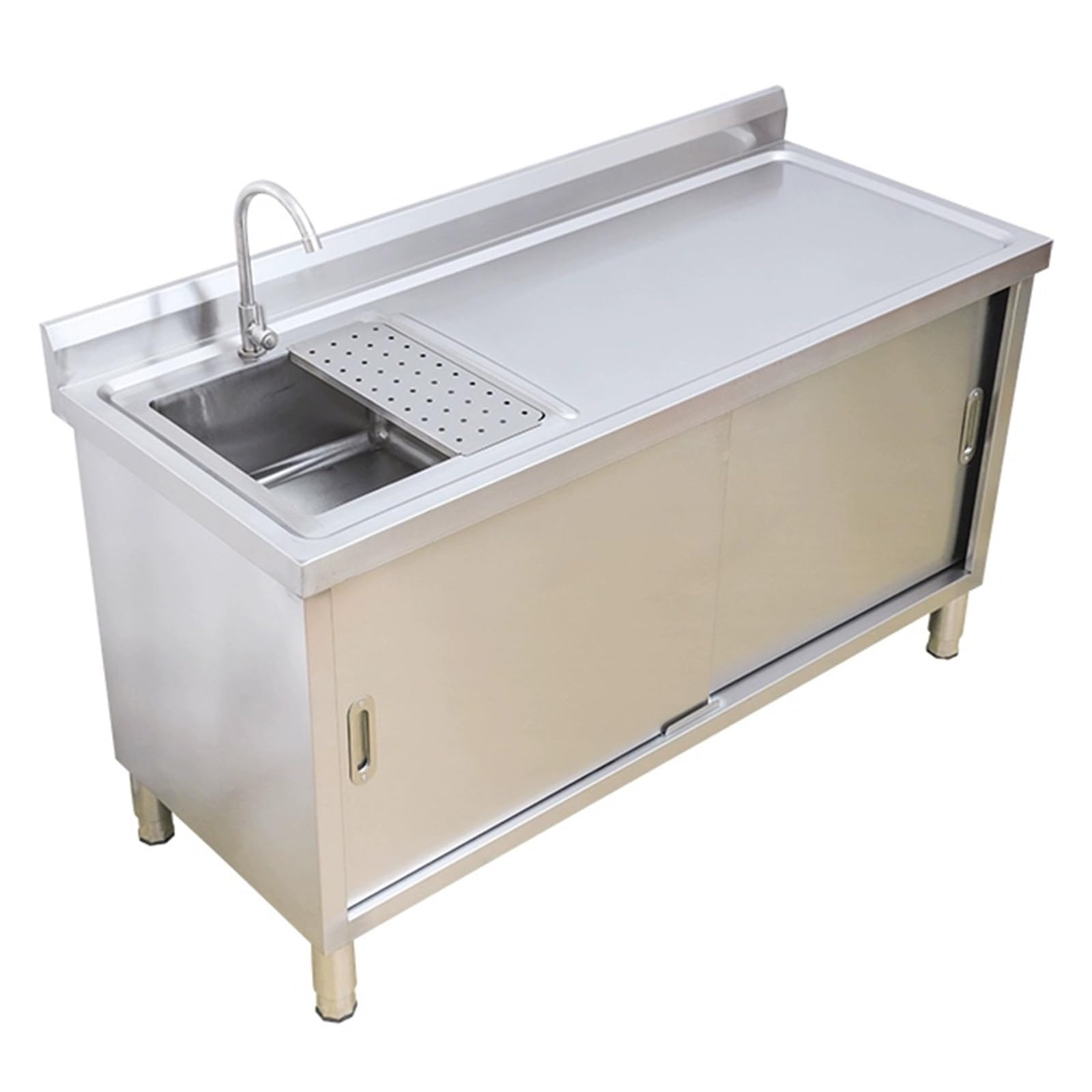 Sddpulse 1 Colour Stainless Steel Sliding Door Commercial Sink With Left Sink, Right Platform And Large Storage Cabinet, Multifunctional Home Sink With Faucet, Single Color
