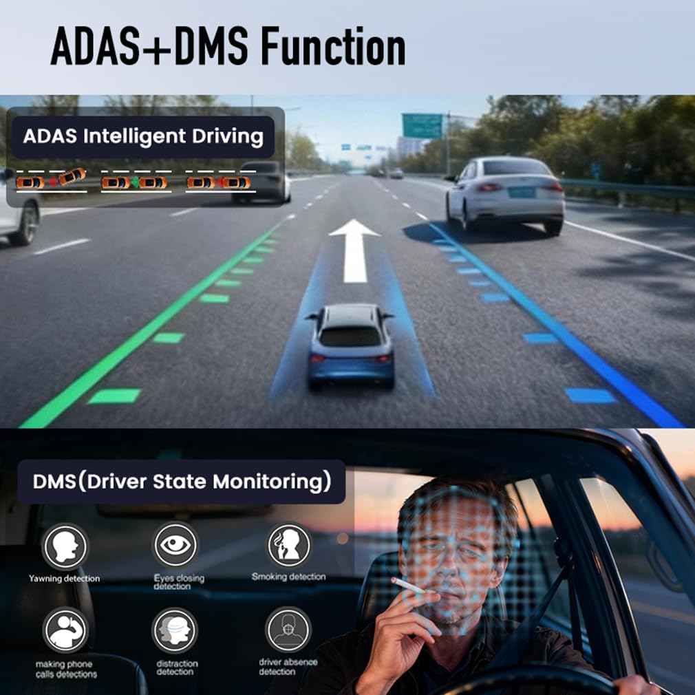 Cámara de salpicadero de coche 4G LTE ULHD 2K, tres canales frontal interior y trasero 2K+1K+1K DVR para coche con ADAS DMS, compatible con control de aplicación WiFi, con reproducción de seguimiento