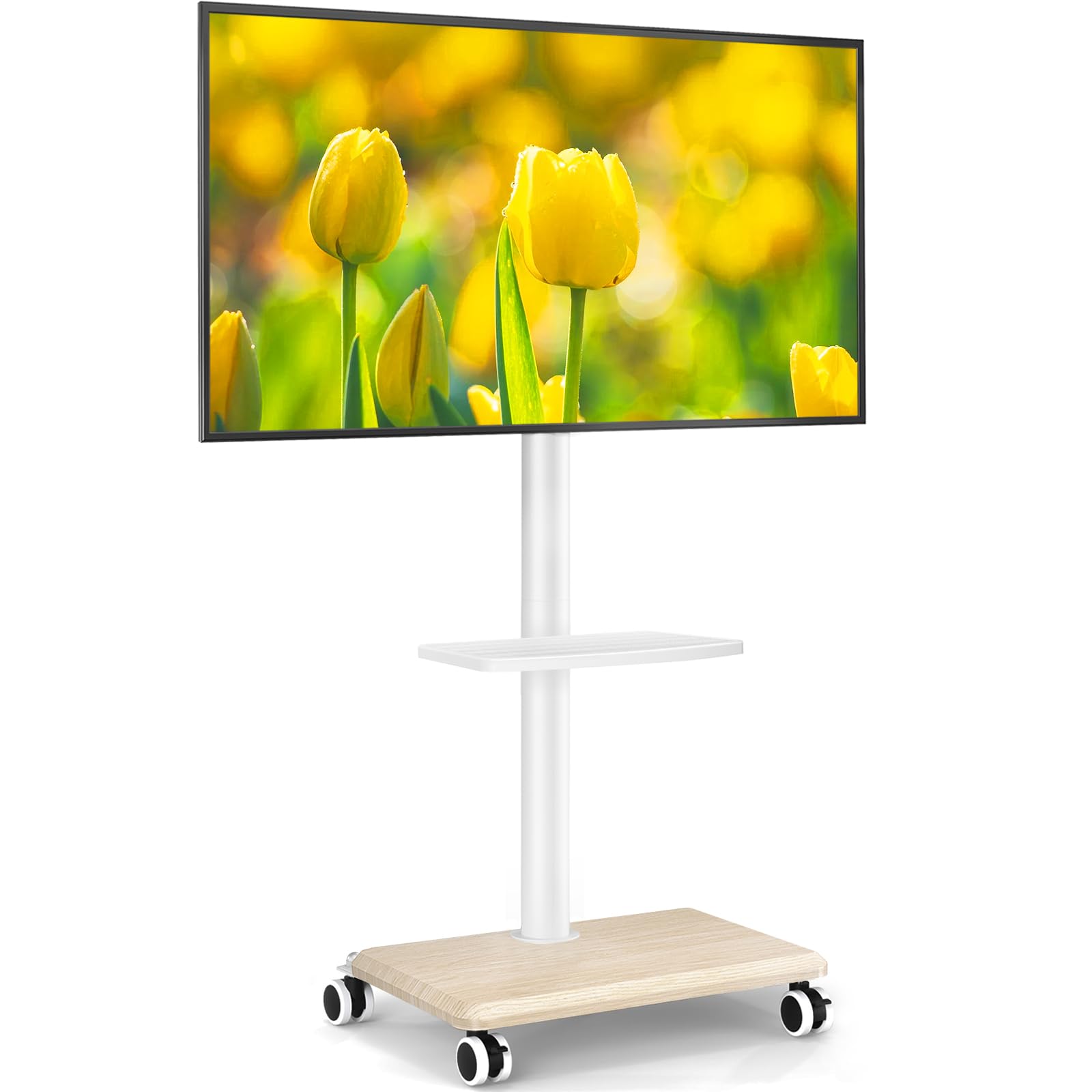 5Rcom Support TV roulettes Blanc Pied TV pour Télé de 27-55 Pouces, Réglable en Hauteur et Pivotant Support TV sur Pied avec roulettes Meuble Support TVs avec Base en Bois VESA Max 400x400mm Max 30kg