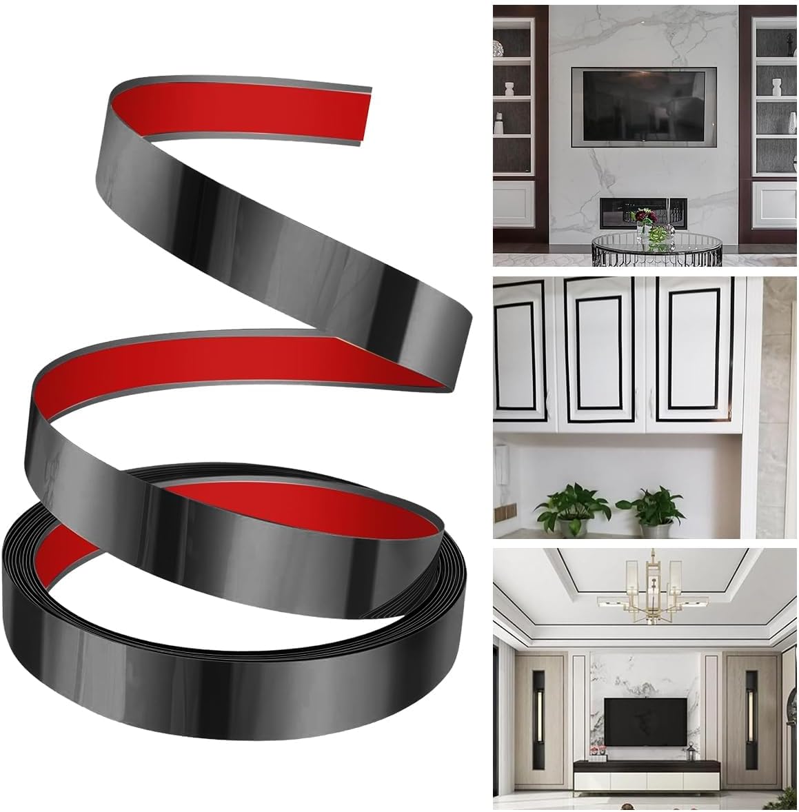 Black Metal Trim Wall Strip Stainless Steel PVD Coated 8K Mirror Finish Flat Trim Strip profile 20 mm x 16.4ft(5mtr) Roll for wall Decoration, Furniture, Highlighters (Black, Pack of 1)
