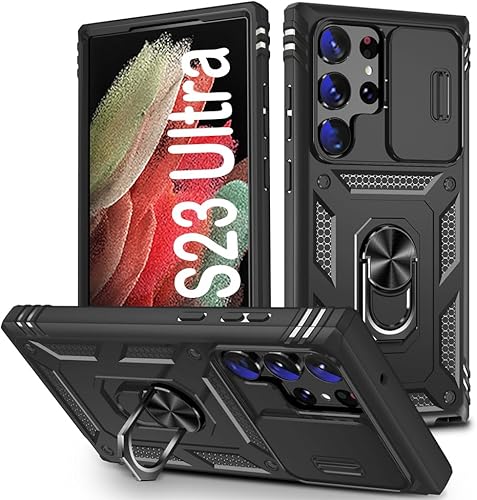 PASNEW Funda militar para Samsung Galaxy S23 Ultra, soporte de anillo de metal de 360 y cubierta deslizante para cámara, multicapa resistente de