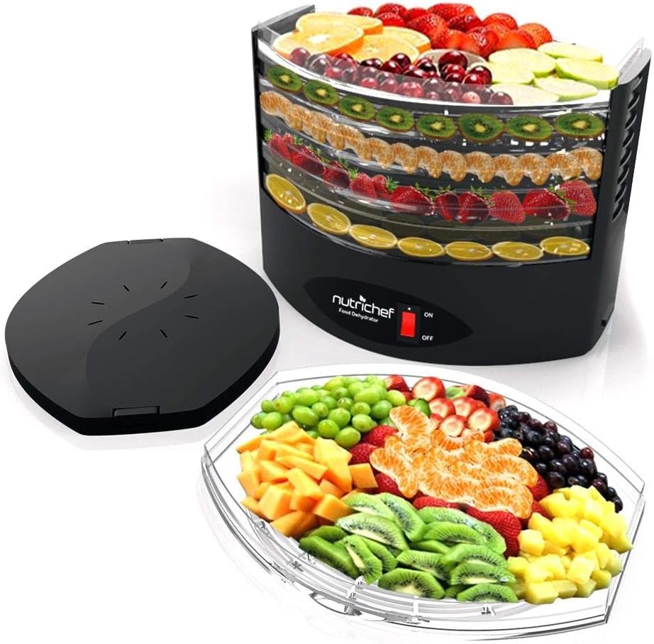 NutriChef 5-Tray Food Dehydrator Machine - Professional Electric Multi-Tier Hanging Food Preserver, Meat or Beef Jerky Maker, Fruit or Vegetable Heat Circulation Dryer - PKFD18WT