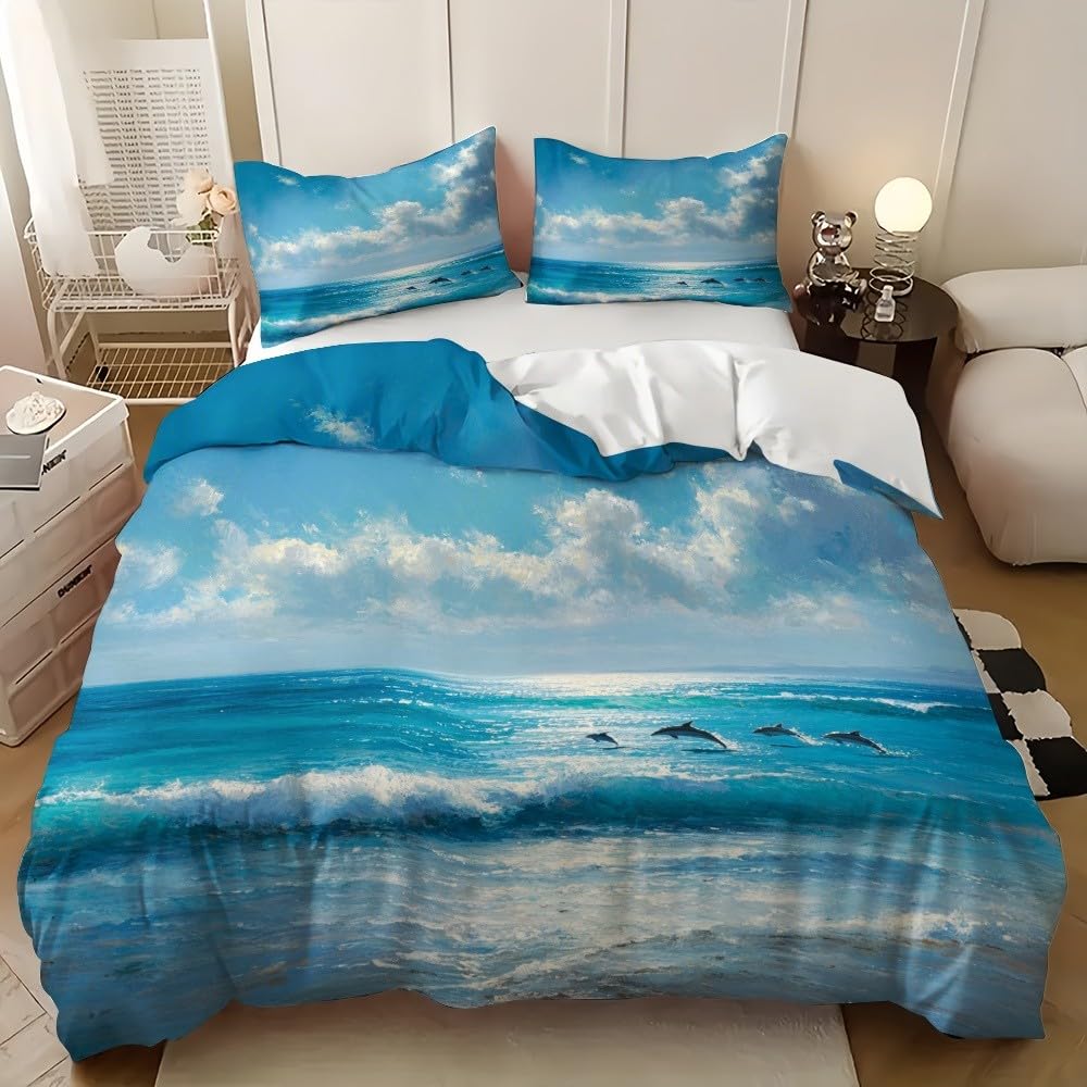 Parure de lit enfant baleine bleu 90x190 housse couette microfibre 1 personne