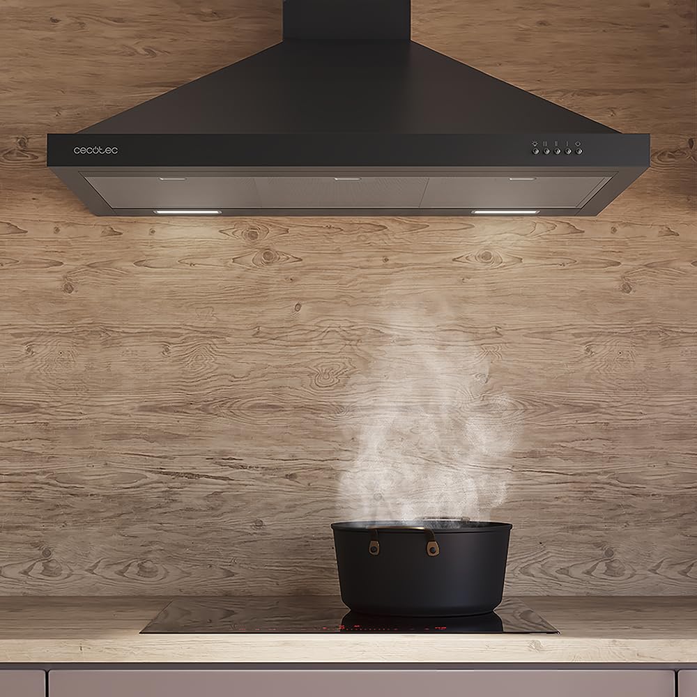 Cecotec Bolero Flux PM 906500 Black A Dunstabzugshaube, 90 cm, Motor 165 W, schwarzes Finish, Saugleistung 650 m³/h, mechanische Steuerung, 3 Leistungsstufen, Licht und Kohlefilter