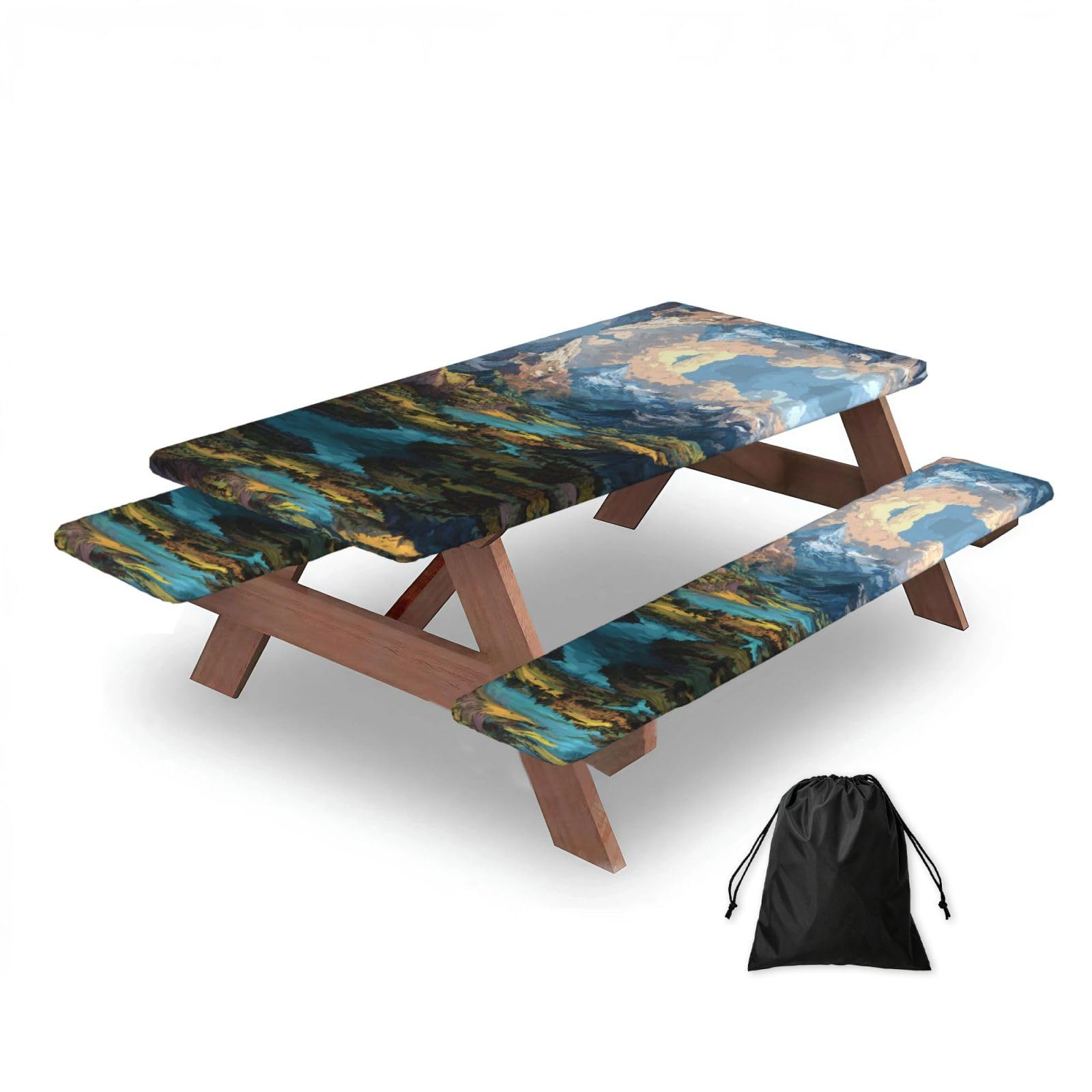 ESNAIUVCD Great Rivers Print Picnic Table Cover With Bench Covers,Camping Essentials,Fitted Tablecloth Cover With Elastic Edge, For Indoor & Outdoor 3 Pcs