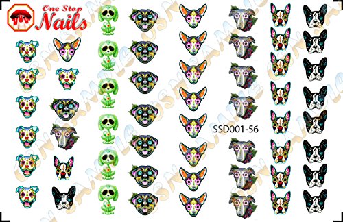 Sugar Skull Dog Nail Art Decals (Tattoo). Set of 56 Clear waterslide nail art decals. Dia de los Muertos. SSD001-56 by One Stop Nails
