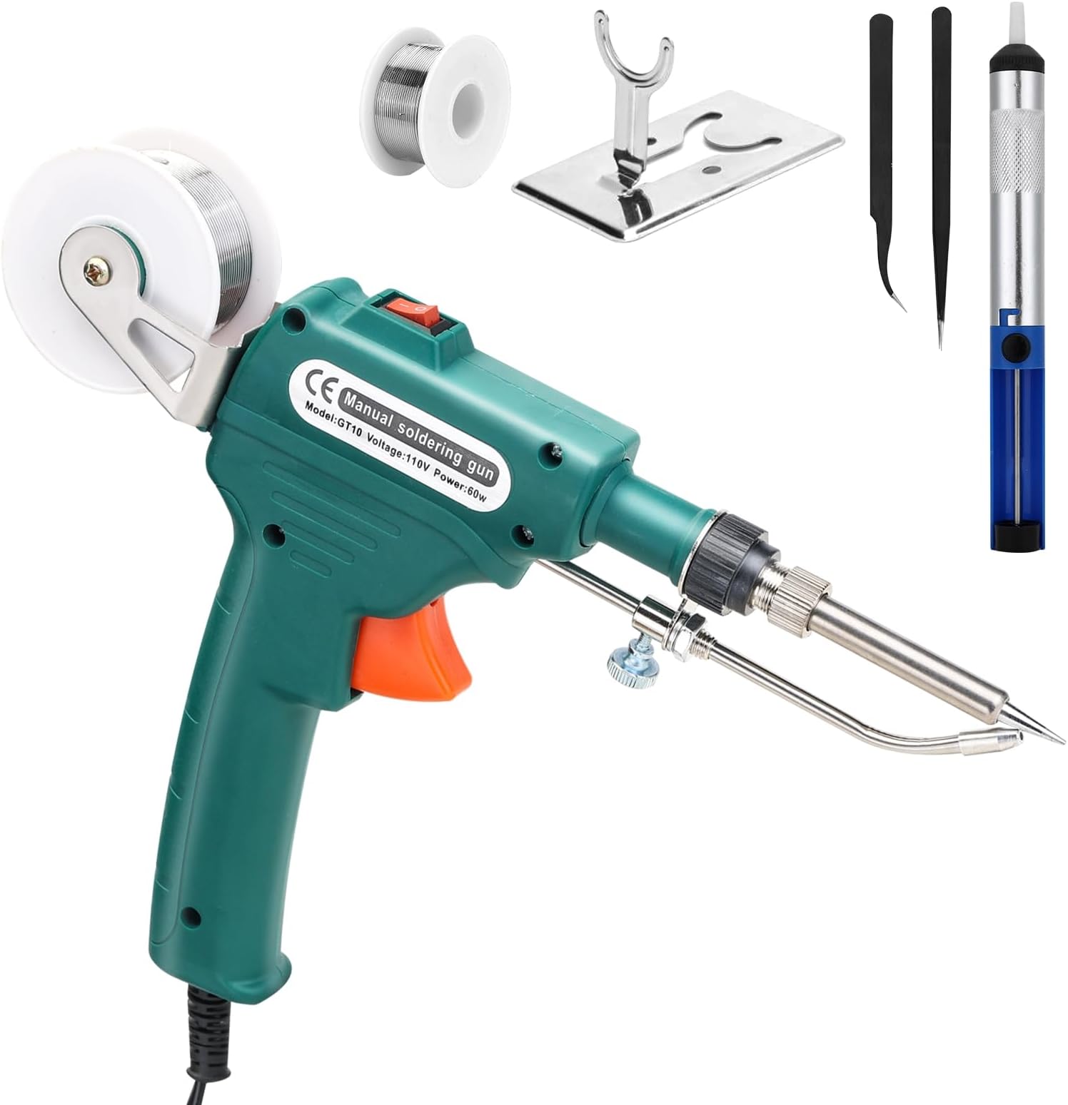Soldering Iron Gun Kit 60W 110V Automatic Hand-held Internal Heating Solder Gun Welding Tool with Desoldering Pump, Tweezers, Soldering Wires, Mini Bracket for Circuit Boards, Home DIY
