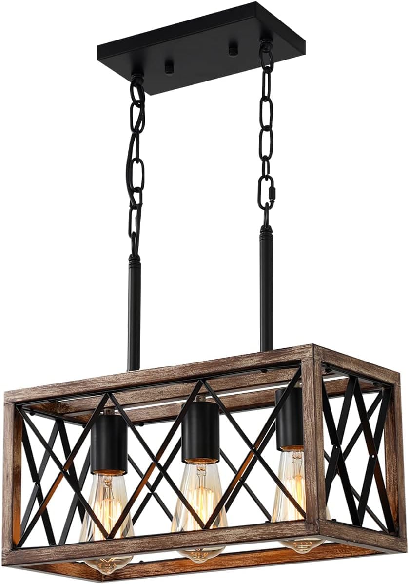 SEEBLEN Farmhouse Kitchen Island Lighting, 3 Lights Pendant Lighting Fixtures, Adjustable Height, Industrial Dining Room Light for Living Room Foyer Dining Table Over Sink. (Wood Grain Color) โ image 1