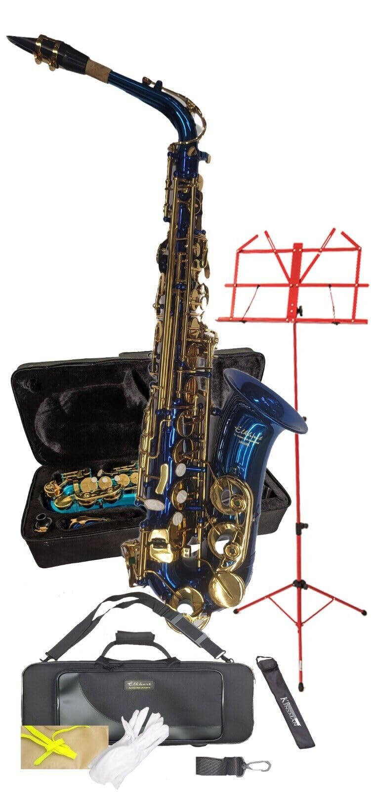 Elkhart Vincent Bach E-Flat Blue Alto Saxophone Pack Includes - Saxophone, Elkhart Vincent Bach Deluxe Saxophone Case, Music Stand with Bag, Microfibre Cloth, Straps & Gloves
