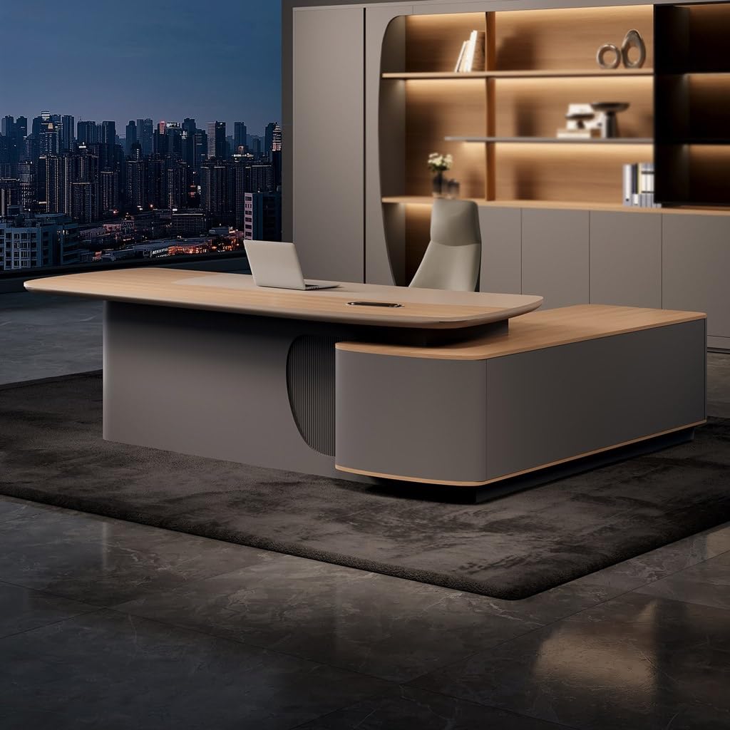NEBE Scrivania Ufficio Elegante scrivania direzionale for Ufficio, spaziosa postazione di Lavoro manageriale a L con Stile Moderno retrò