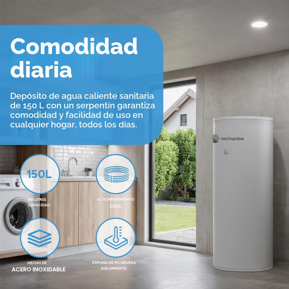 TECHGLOBE - Acumulador de agua caliente totalmente fabricado en acero inoxidable - con intercambiador de calor extragrande (2,2 m²) - Eficiencia energética - con aislamiento de 50 mm (150 L)