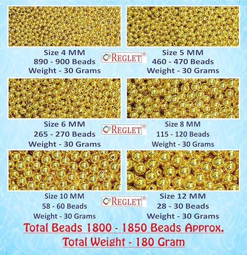 Image of 1800 Pcs Golden Beads - 4, 5, 6, 8, 10, 12 mm - DIY Beads for Bracelets Making Kit, Crafting, Embroidery Crafts, Jewellery Making Kit, Beadwork, Pearls for Craft, Beading - 180g