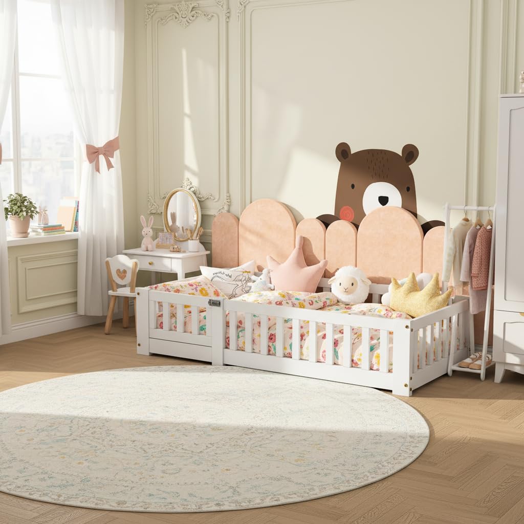 Montessori łóżko piętrowe 90 x 190 cm, łóżko pojedyncze, z zamkiem na drzwi, łóżko podłogowe dla dzieci ze stelażem, łóżko podłogowe z zabezpieczeniem przed wypadnięciem, zdejmowane drzwi