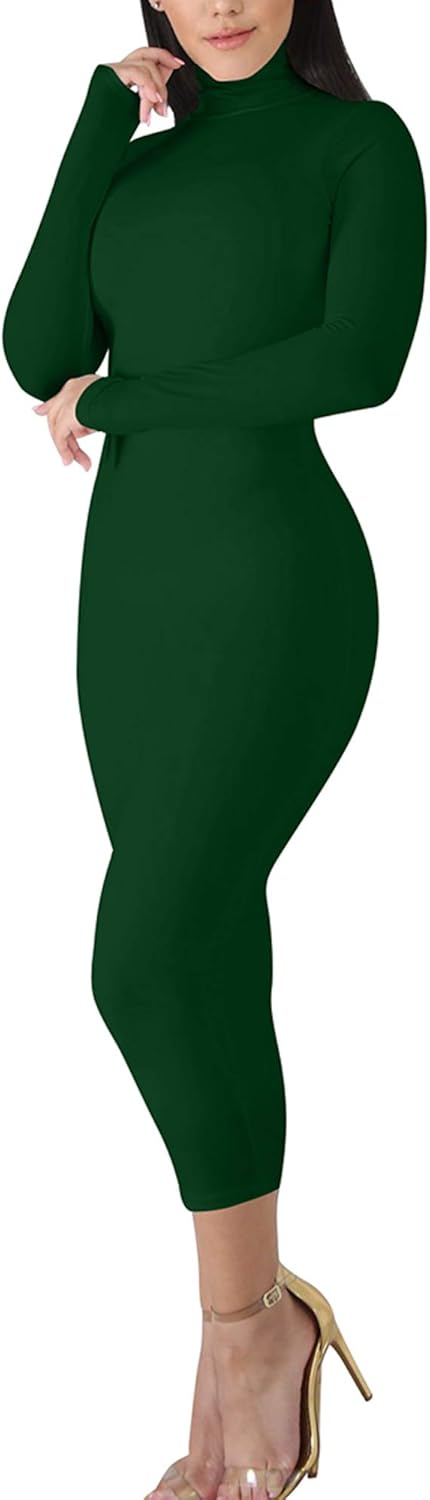 BORIFLORS Women's Sexy Basic Long Sleeve Turtleneck Bodycon Party Long Pencil Dress - Image 2