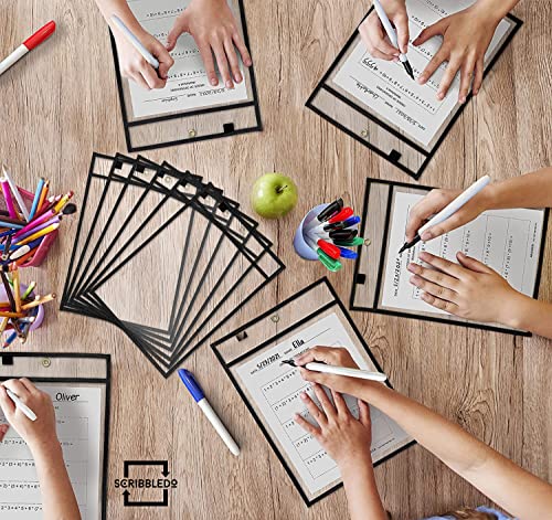 Scribbledo 6 Pack Dry Erase Pockets Black Plastic Sleeves For Paper Heavy Duty Clear Pocket Sleeves Dry Erase Pocket Sleeves Teacher Supplies For Classroom School Office Work Warehouse Ticket Holders #TOP7
