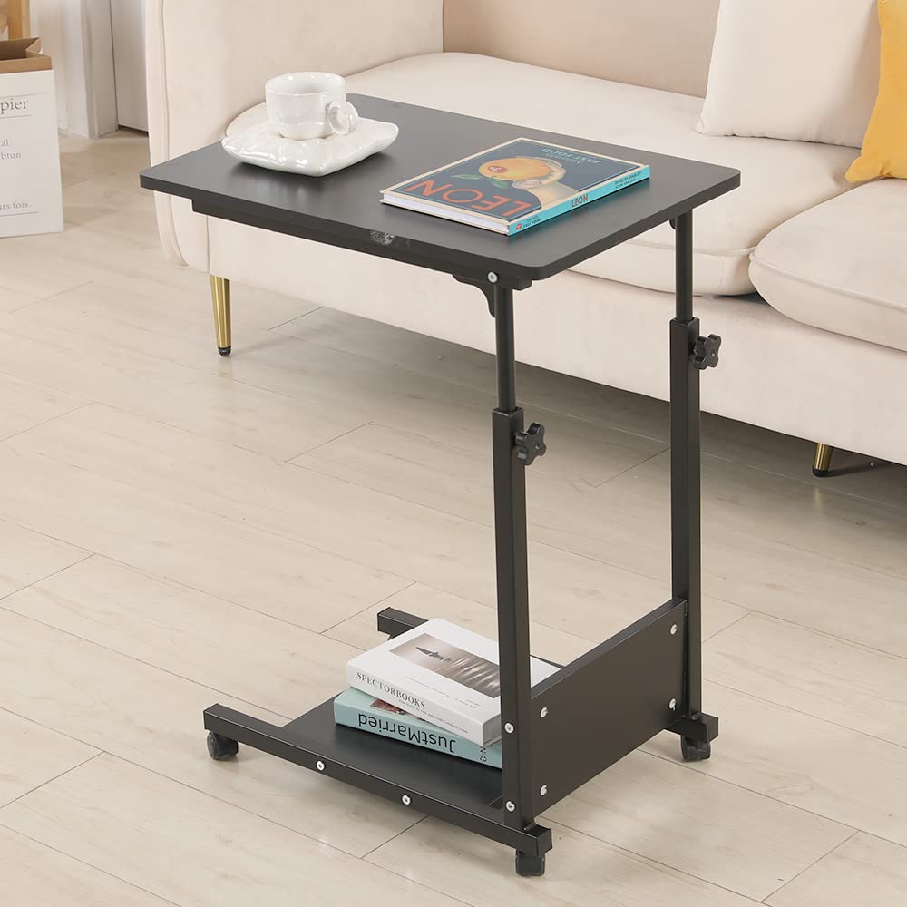 HUOLE Schreibtisch Kleiner Computertisch Laptoptisch PC Tisch Z-Form mit Rollen und 2 Bremsen,Tastaturablage und CPU-56,5 * 37*/95cm-schwarz