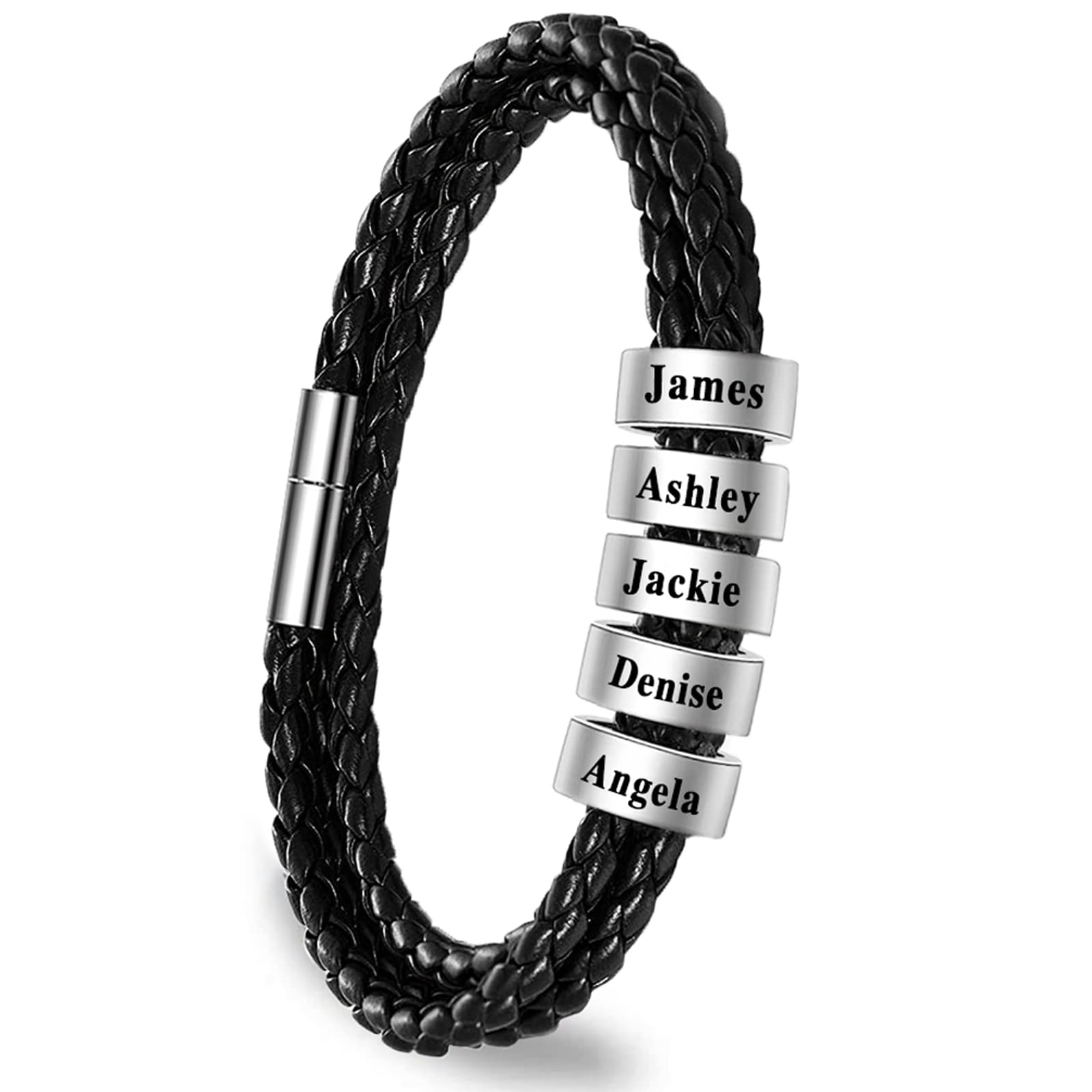 Yofair Custom Mens Bracelet with Family Name Personalized Braided Leather Bracelet Engraved Bracelets Fathers Dad Gifts for Men