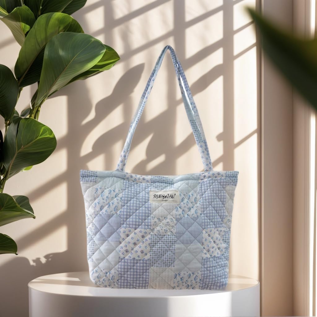 Floral Quilted Tote Bag for Women Large Capacity with Zipper Closure Lightweight Shoulder Bag for Daily Use