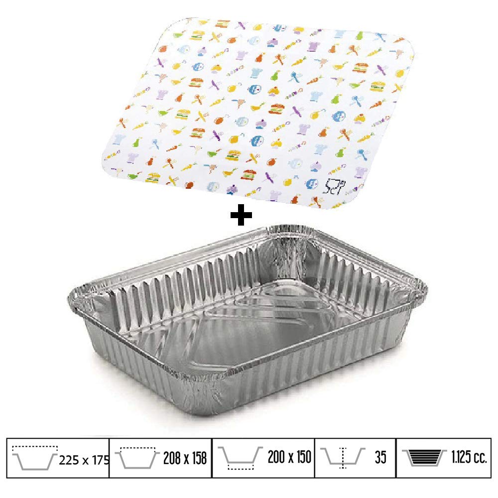 100 uds - Envase/Recipiente de Aluminio Rectangular + Tapa de cartón - Capacidad 1125 ml y tamaño 200x150x35 mm - Bandejas Desechables y reciclables, Apto para Altas temperaturas