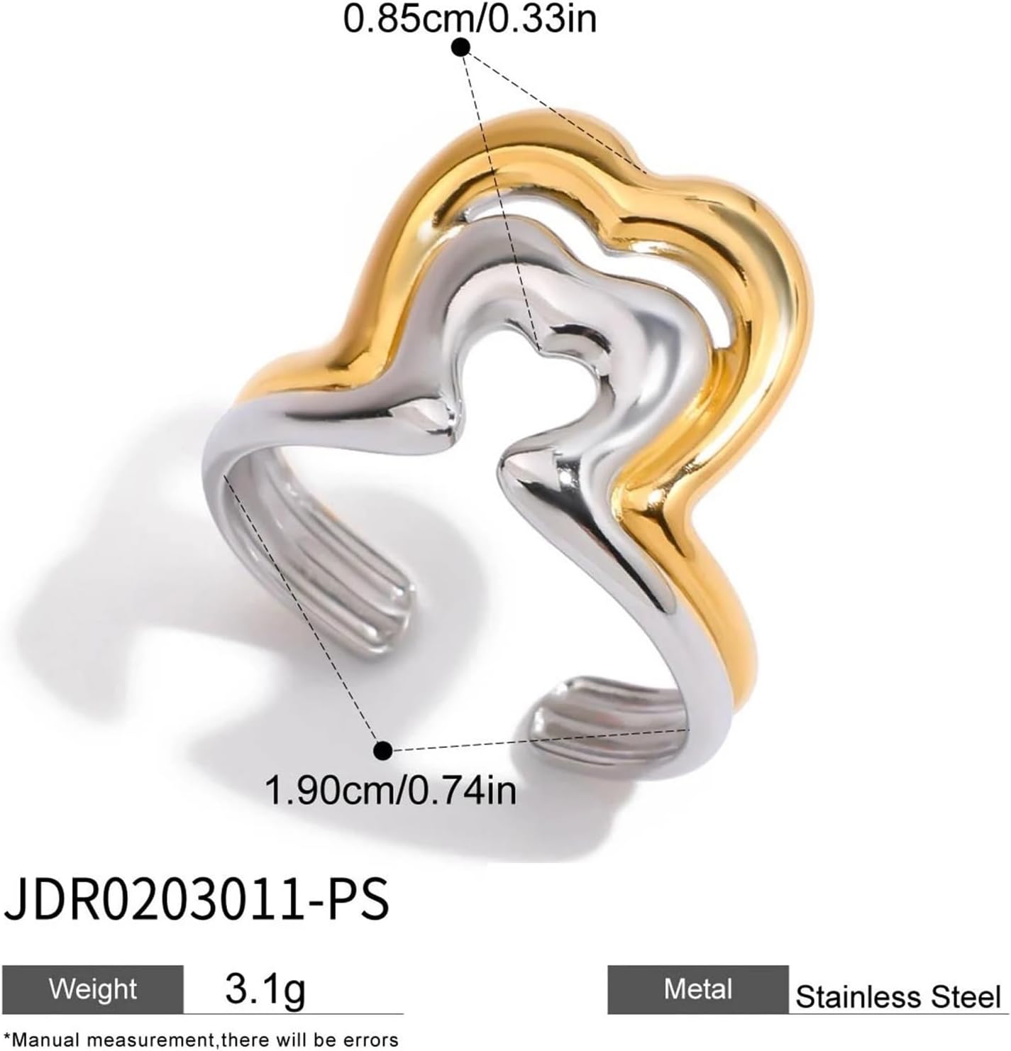 Two Color Heart Skeleton Open Ring Stainless Steel Finger Jewelry For Gift Trendy Adjustable Love Ring 1Pcs