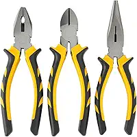 Kit com 3 Alicates Corte 6 polegadas Bico Meia Cana 6 polegadas e Universal 8 polegadas Profissional Cabo Emborrachado Amarelo e Preto Antiderrapante para Eletricista e Manutenção Premium
